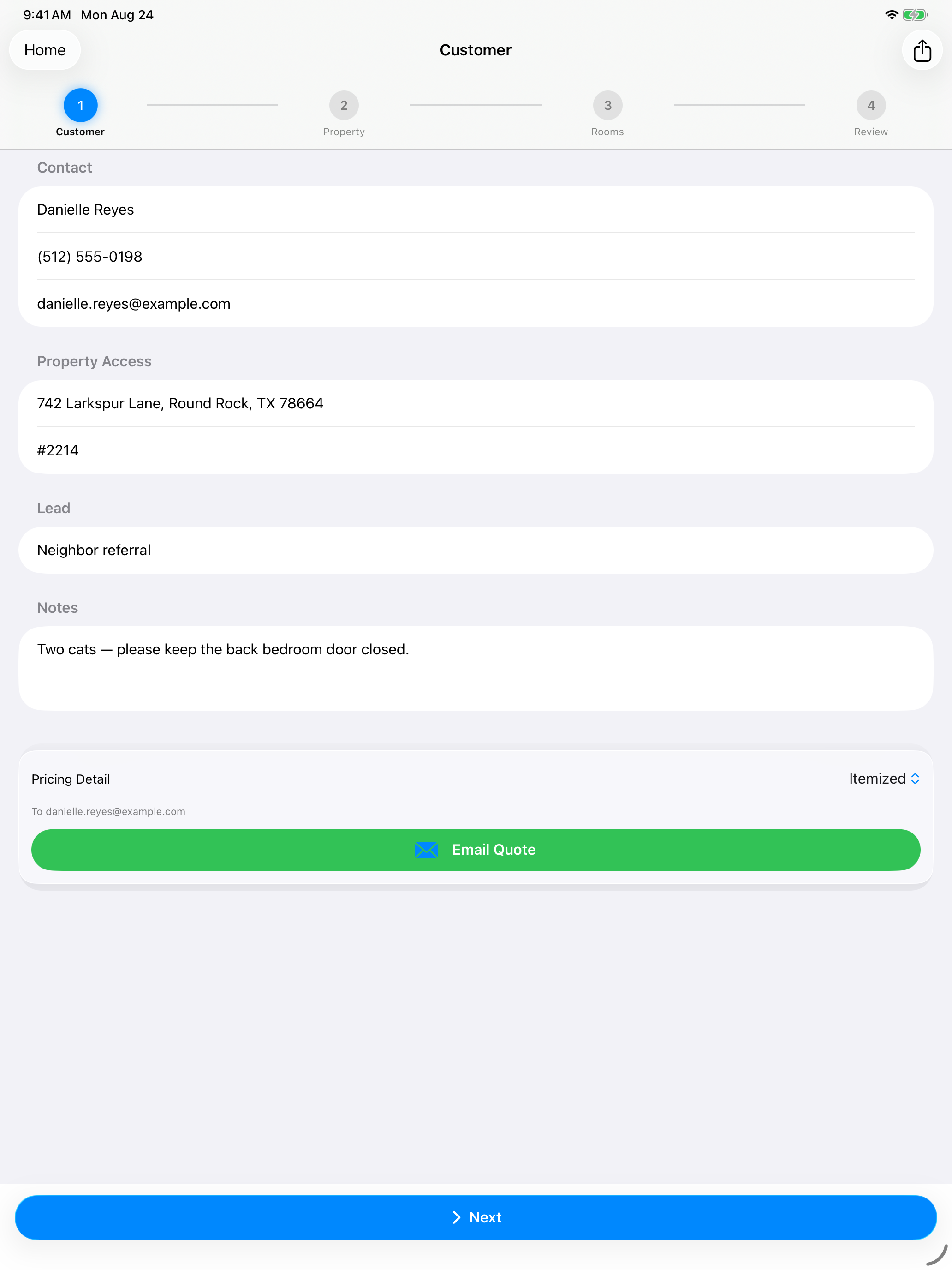 CleanQuotes Customer step on iPad with name, phone, email, address, gate code, referral source and notes fields.