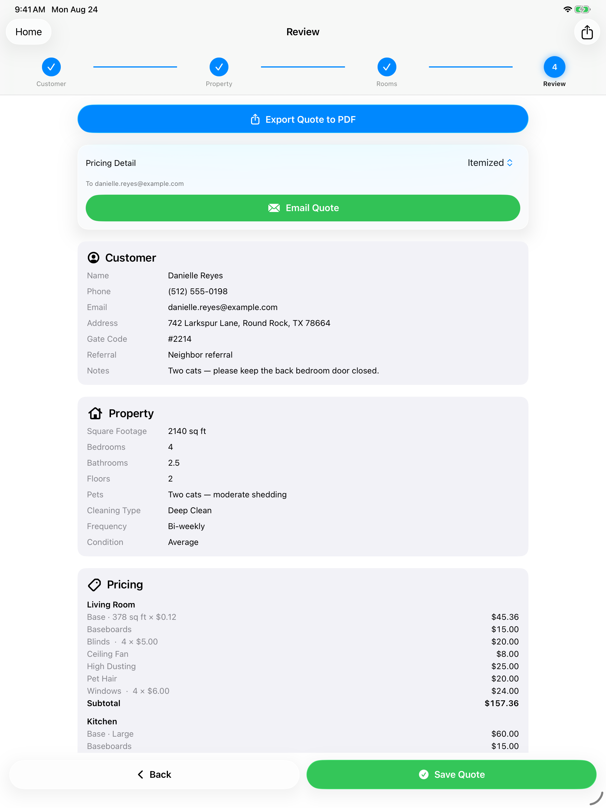 CleanQuotes on iPad showing the Review step: customer details, property set to Deep Clean and Bi-weekly, and an itemized price breakdown.