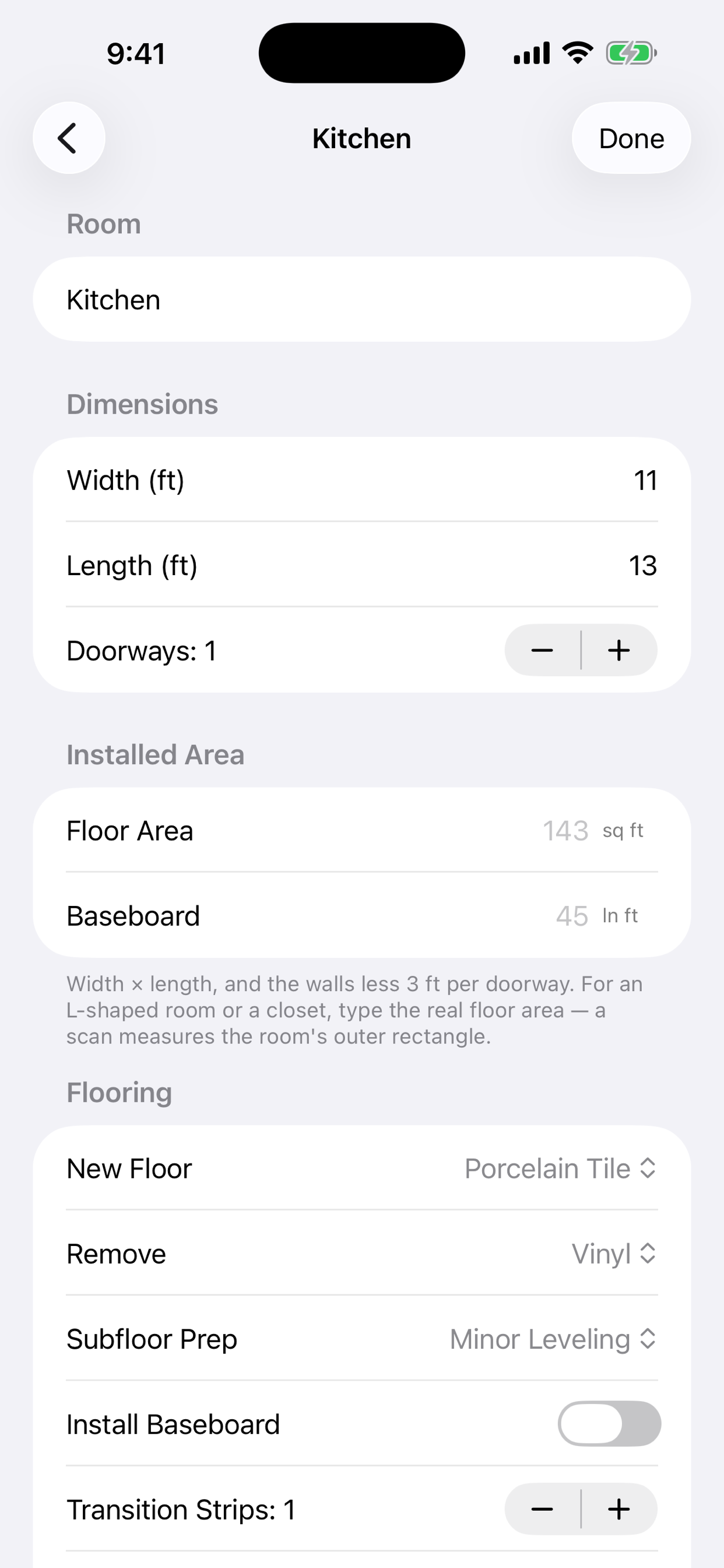 CleanQuotes flooring room editor on iPhone: an 11 by 13 foot kitchen with floor area and baseboard calculated, porcelain tile replacing vinyl.