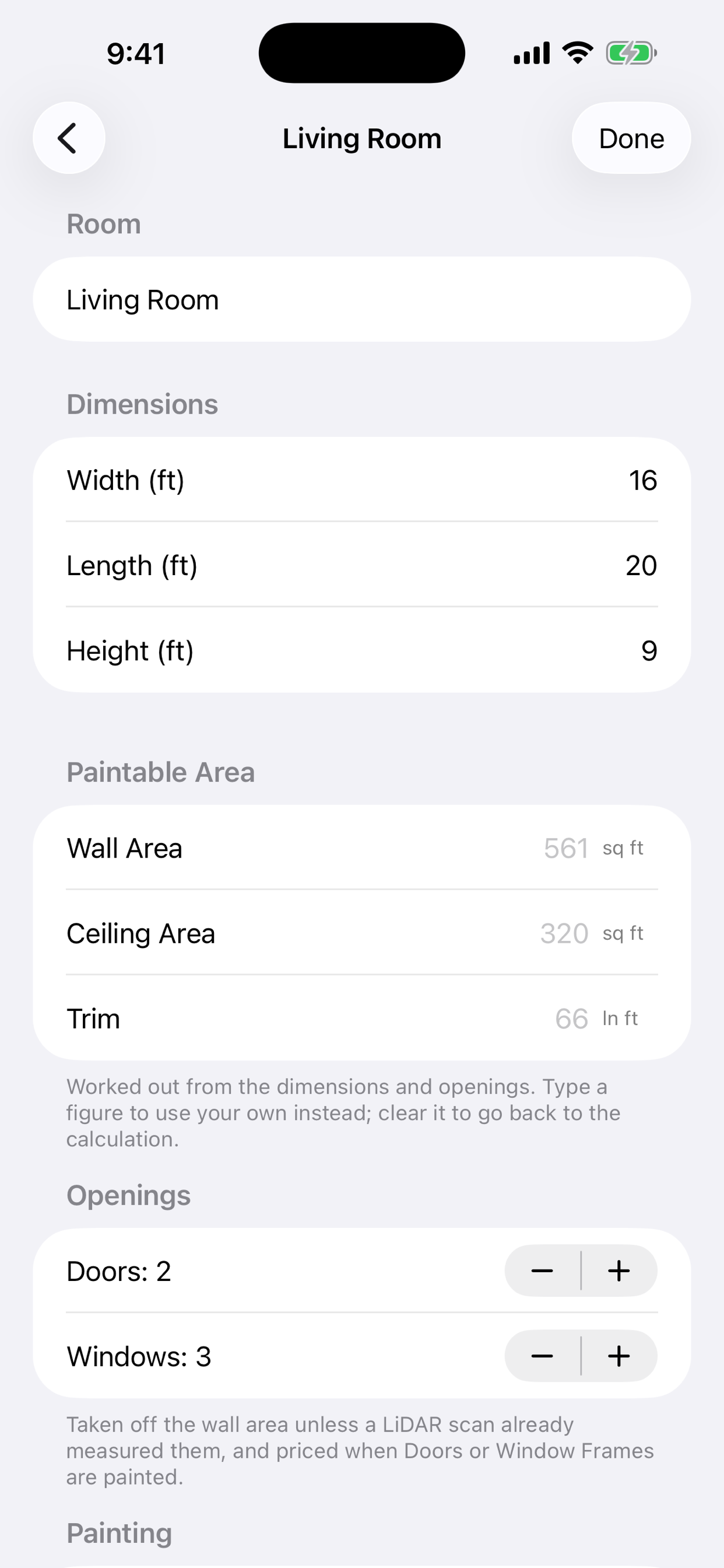 CleanQuotes paint room editor on iPhone: a 16 by 20 by 9 foot living room with wall, ceiling and trim areas calculated.