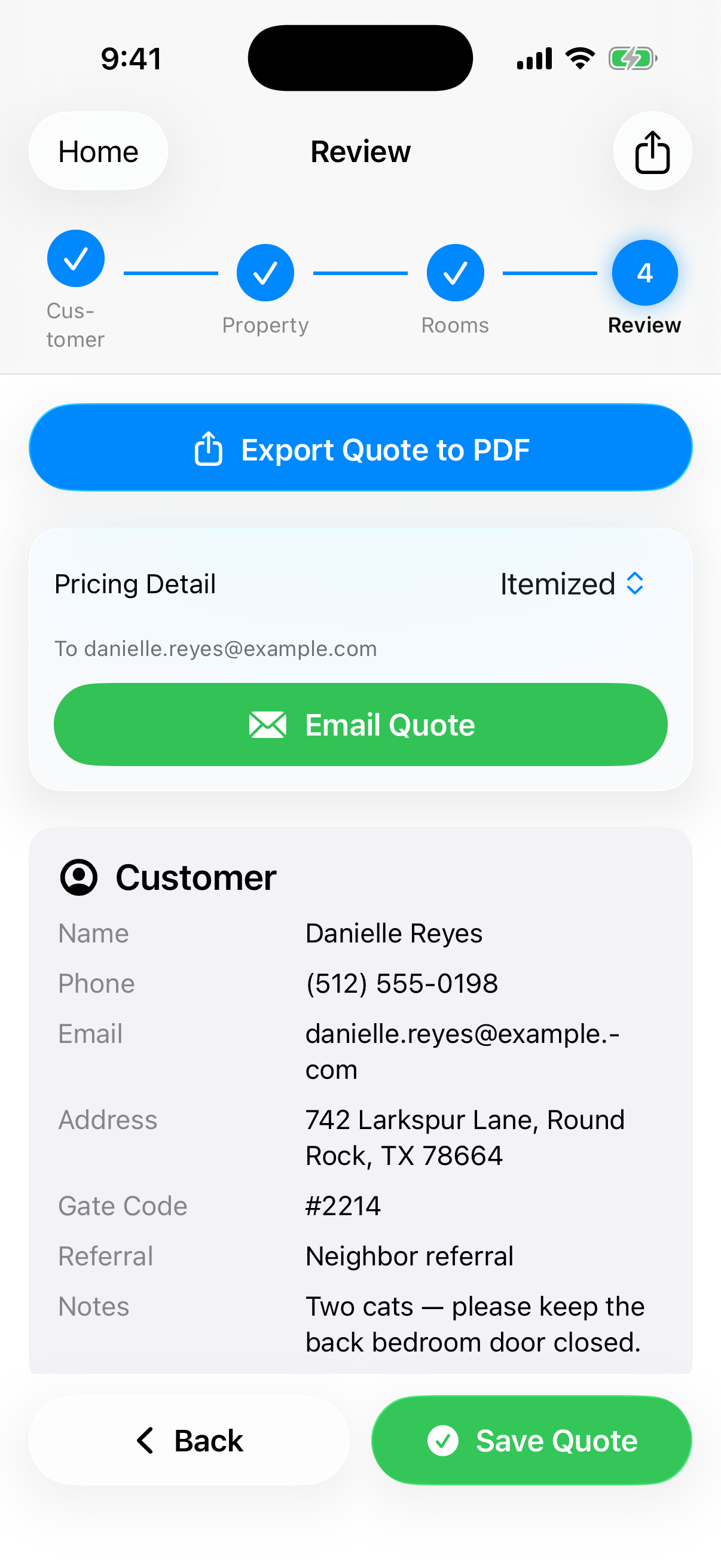 CleanQuotes on iPhone showing a finished quote for Danielle Reyes with Export to PDF and Email Quote.