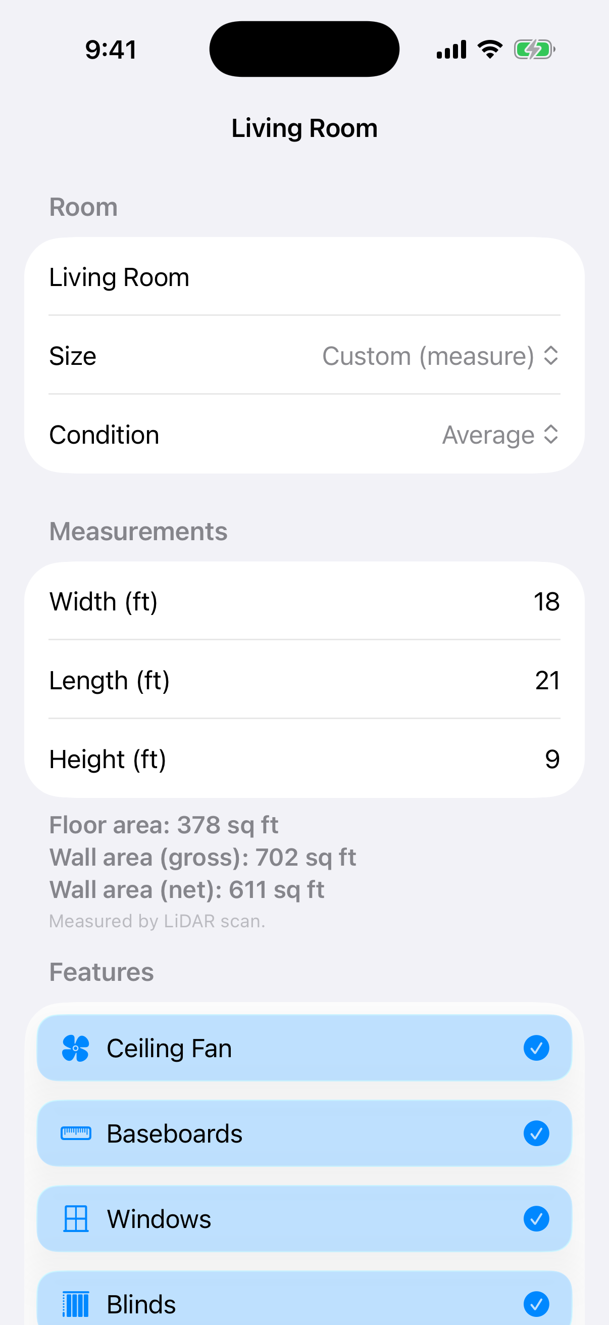 CleanQuotes cleaning room editor on iPhone showing an 18 by 21 by 9 foot living room measured by LiDAR with a feature checklist.